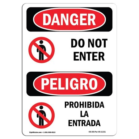 SIGNMISSION Safety Sign, OSHA Danger, 24" Height, Rigid Plastic, Do Not Enter Bilingual Spanish OS-DS-P-1824-VS-1151